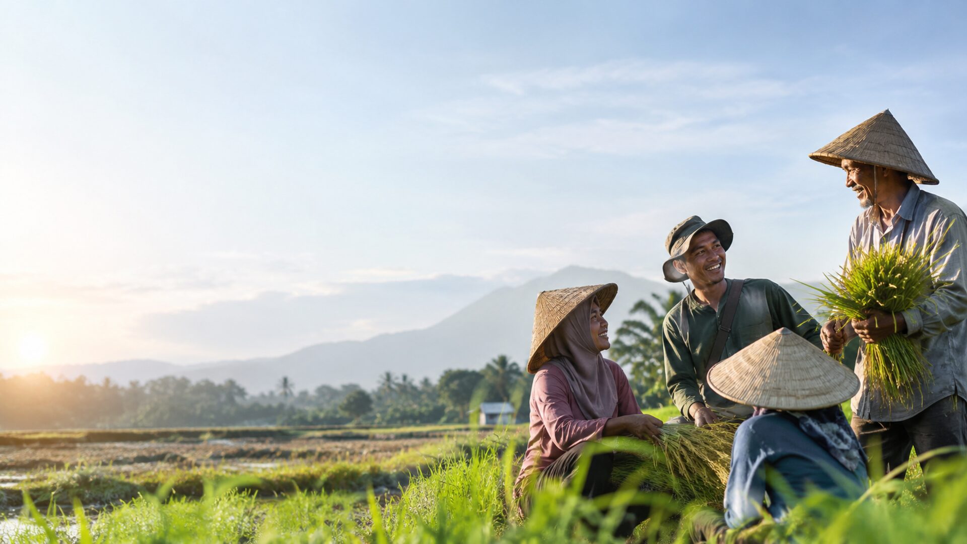 Petani memanen padi di sawah saat matahari terbit